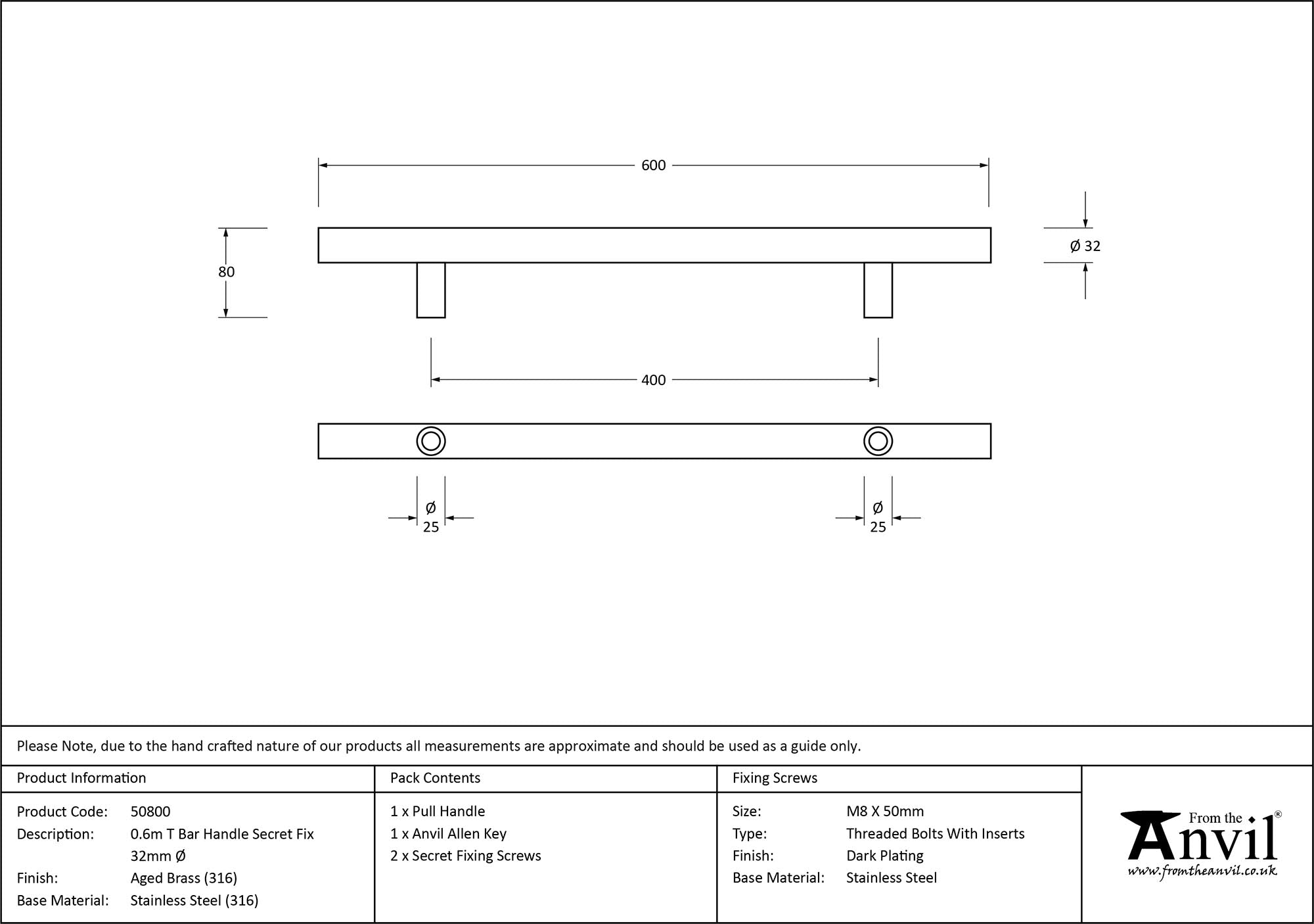 T Bar Handle Secret Fix 32mm dia