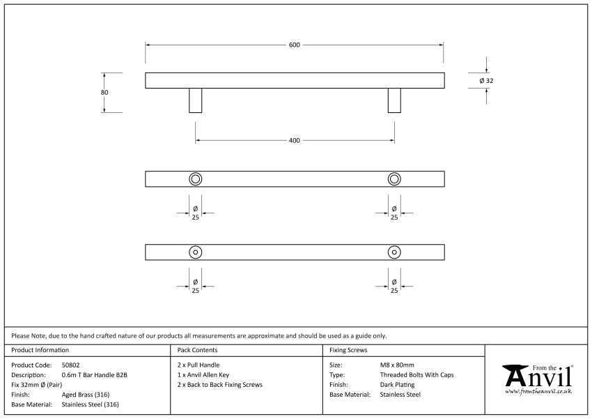 T Bar Handle B2B Fix 32mm dia