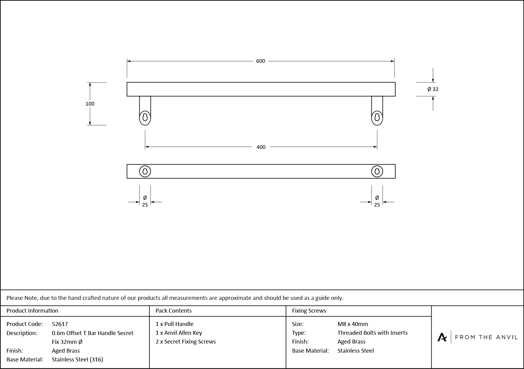 Offset T Bar Handle Secret Fix 32mm dia