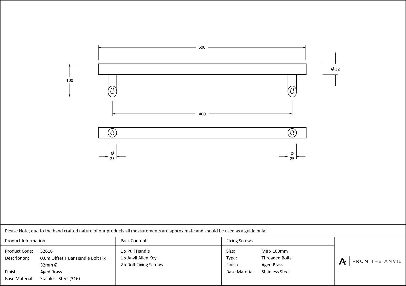 Offset T Bar Handle Bolt Fix 32mm dia