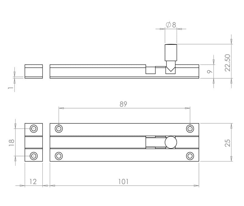 Aluminium Straight Barrel Door Bolts Sold in Boxes of 10