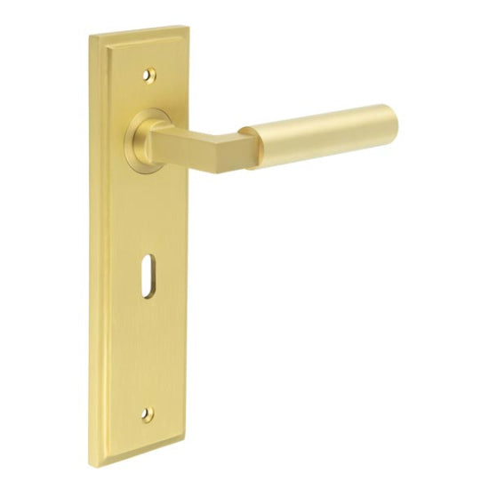 Westminster Door Handle Lock Backplate Satin Brass