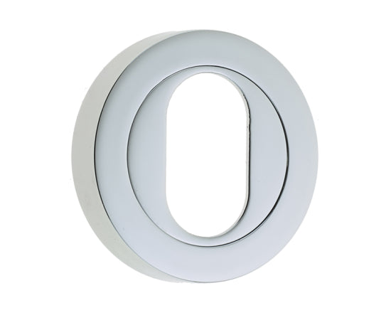 Jedo Designer Oval Profile Escutcheons on 50mm Round Rose Polished Chrome