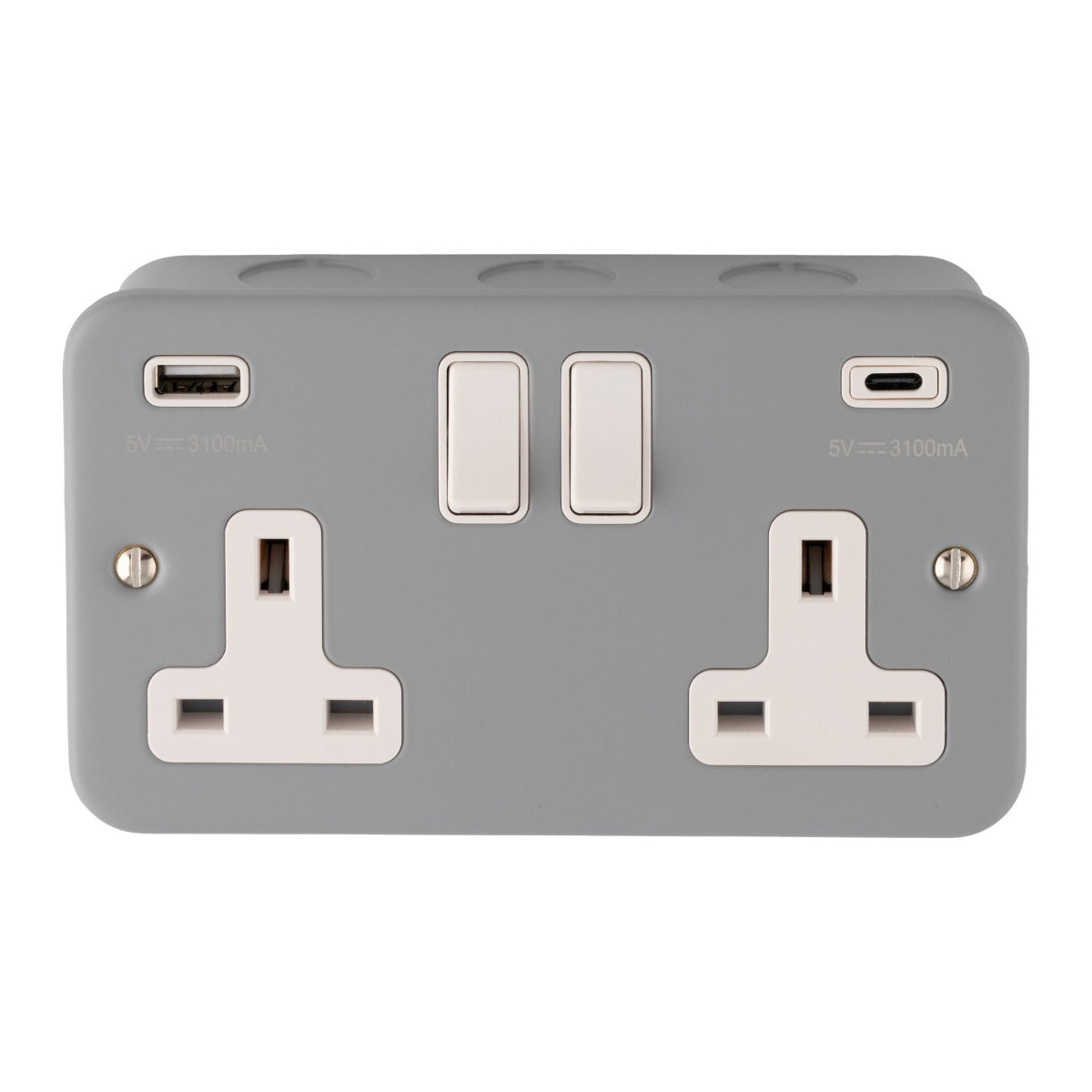 Metal Clad 13A 2 Gang Switched Socket With USB Outlets (1xType A 1xType C)