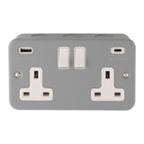 Metal Clad 13A 2 Gang Switched Socket With USB Outlets (1xType A 1xType C)