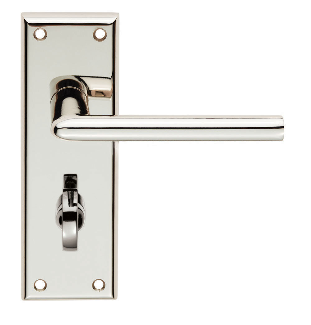 Polished chrome door handle on a white background