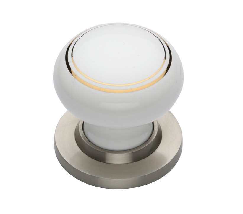 Heritage Brass Gold Line White Porcelain Mortice Door Knobs, Satin Nickel Rose (sold In Pairs)
