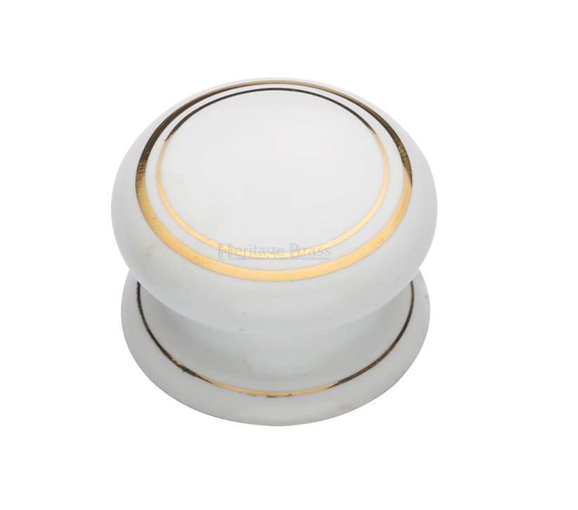 Heritage Brass Porcelain Cupboard Knobs (32mm Or 38mm), White With Gold Line
