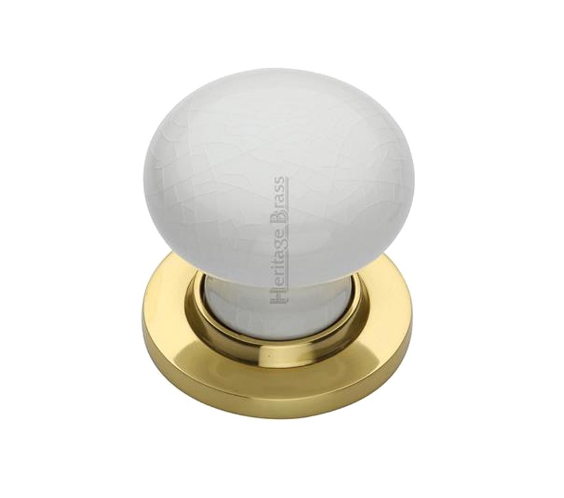Heritage Brass White Crackle Porcelain Mortice Door Knobs, Polished Brass Rose (sold In Pairs)