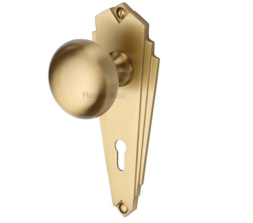 Heritage Brass Broadway Art Deco Style Door Knobs On Backplate, Satin Brass (sold In Pairs)