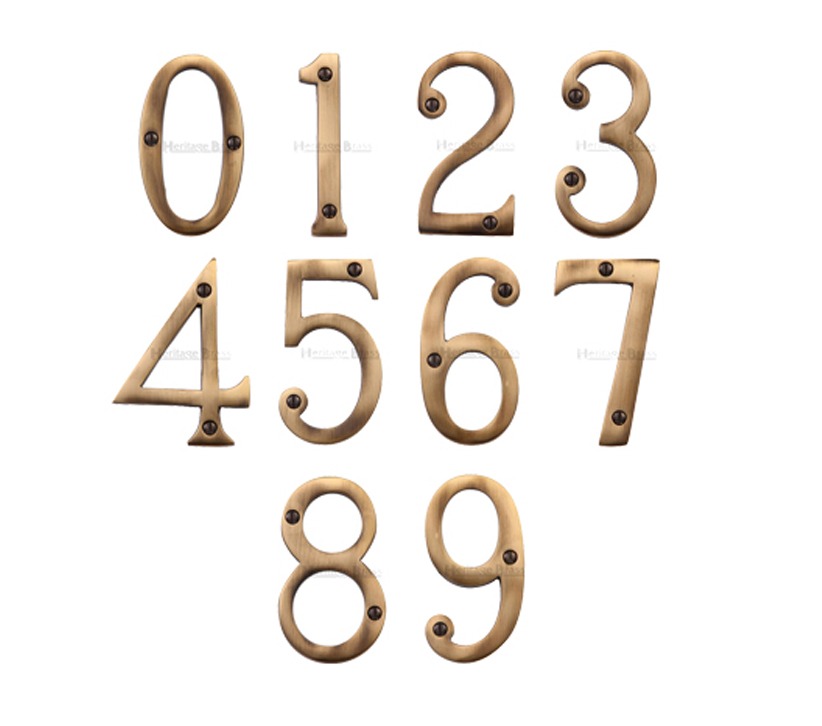 Heritage Brass 0-9 Screw Fix Numerals (76mm – 3″), Antique Brass