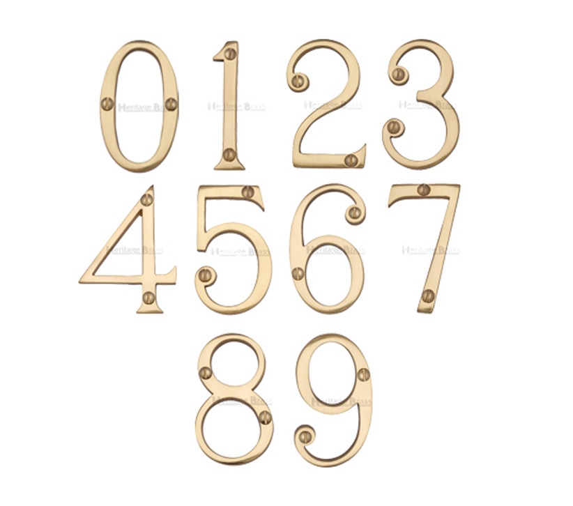 Heritage Brass 0-9 Screw Fix Numerals (76mm – 3″), Polished Brass