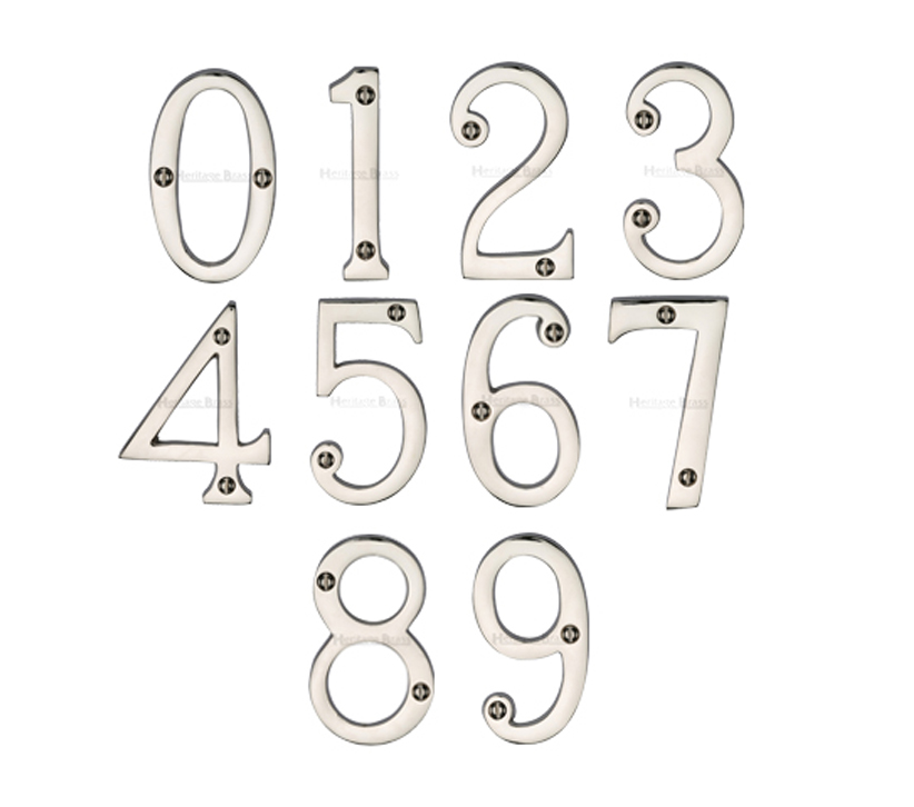 Heritage Brass 0-9 Screw Fix Numerals (76mm – 3″), Polished Nickel