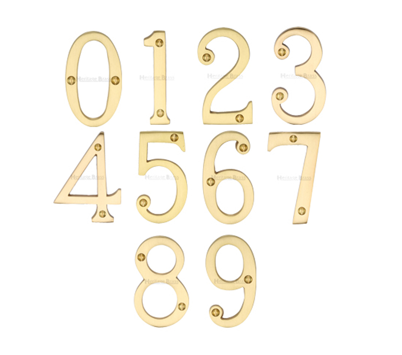 Heritage Brass 0-9 Screw Fix Numerals (76mm – 3″), Satin Brass