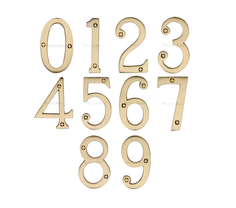 Heritage Brass 0-9 Screw Fix Numerals (76mm – 3″), Satin Brass