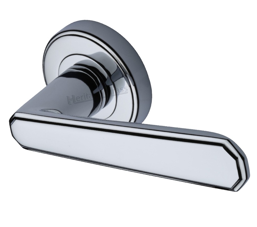 Heritage Brass Century Art Deco Style Door Handles On Round Rose, Polished Chrome (sold In Pairs)