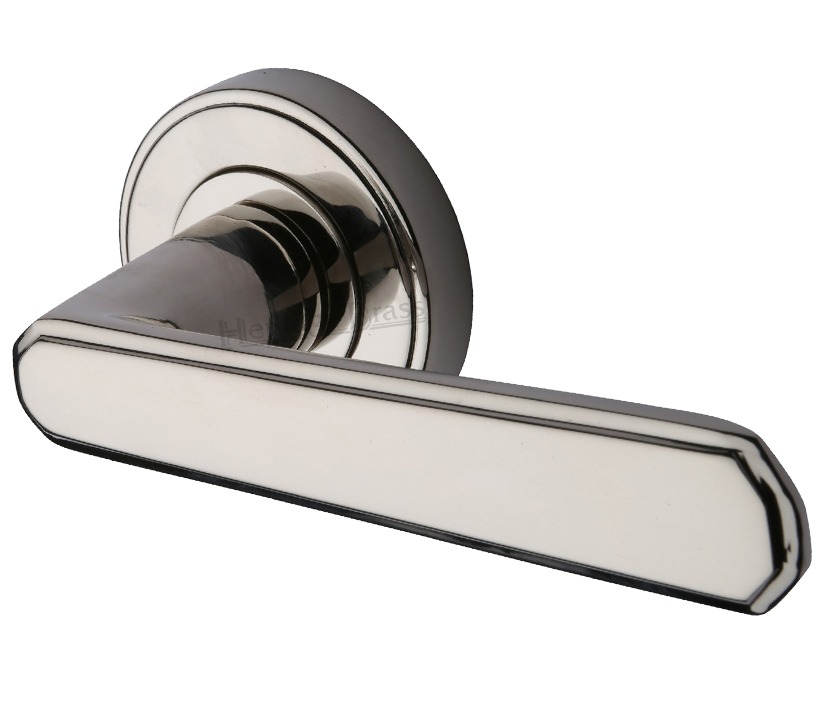 Heritage Brass Century Art Deco Style Door Handles On Round Rose, Polished Nickel (sold In Pairs)