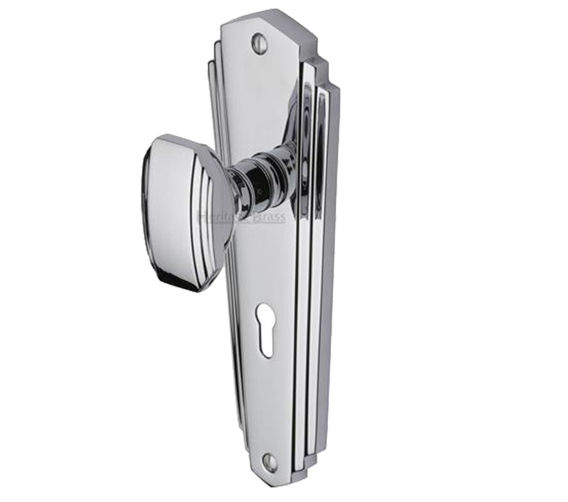 Heritage Brass Charlston Art Deco Style Door Knobs On Backplate, Polished Chrome (sold In Pairs)