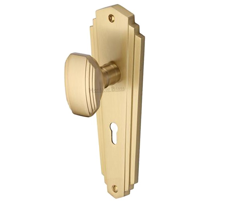 Heritage Brass Charlston Art Deco Style Door Knobs On Backplate, Satin Brass (sold In Pairs)