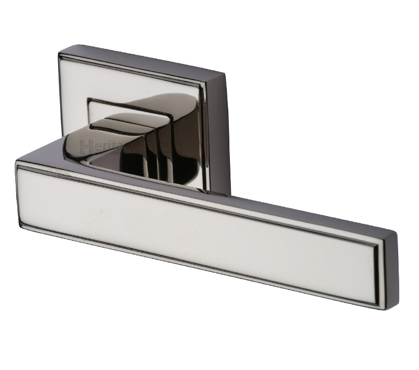 Heritage Brass Linear Polished Nickel Art Deco Style Door Handles On Square Rose (sold In Pairs)