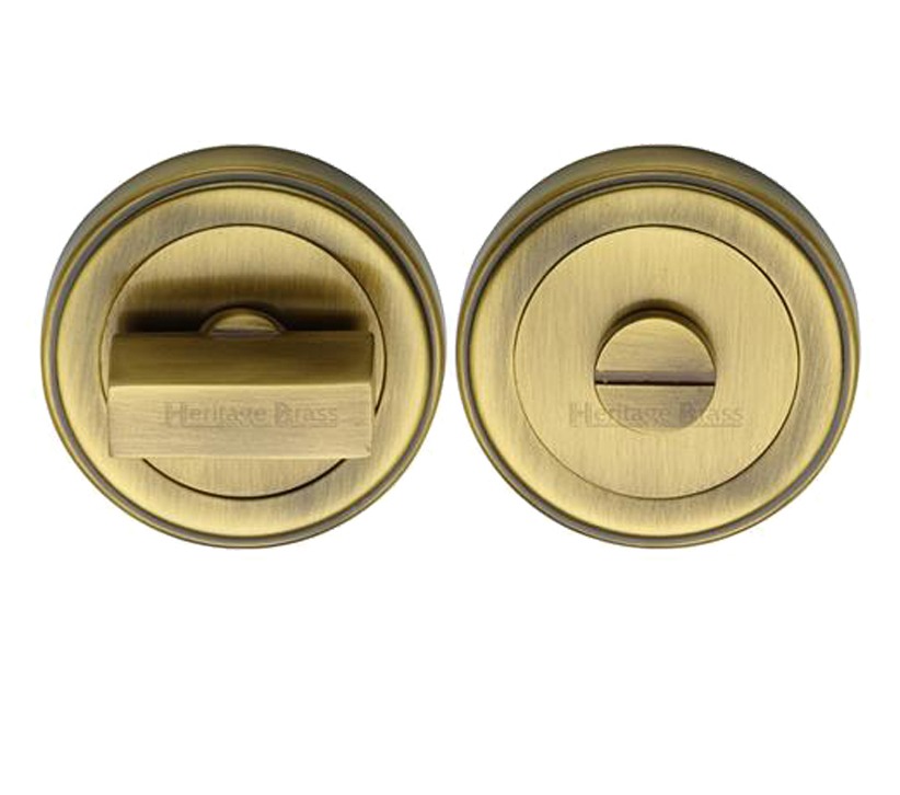 Heritage Brass Art Deco Style Round 53mm Diameter Turn & Release, Antique Brass Finish