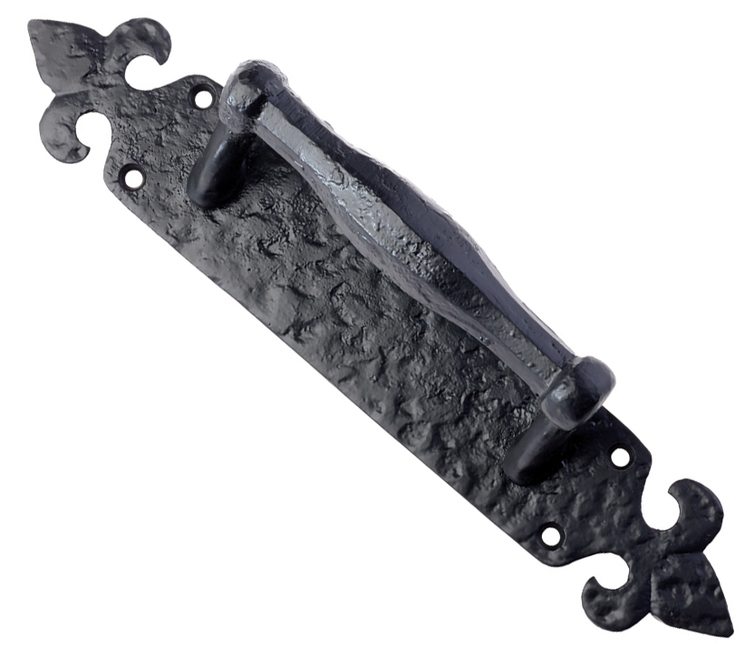 Zoo Hardware Foxcote Foundries Pull Handle On Fleur De Lys Backplate (45mm X 254mm), Black Antique