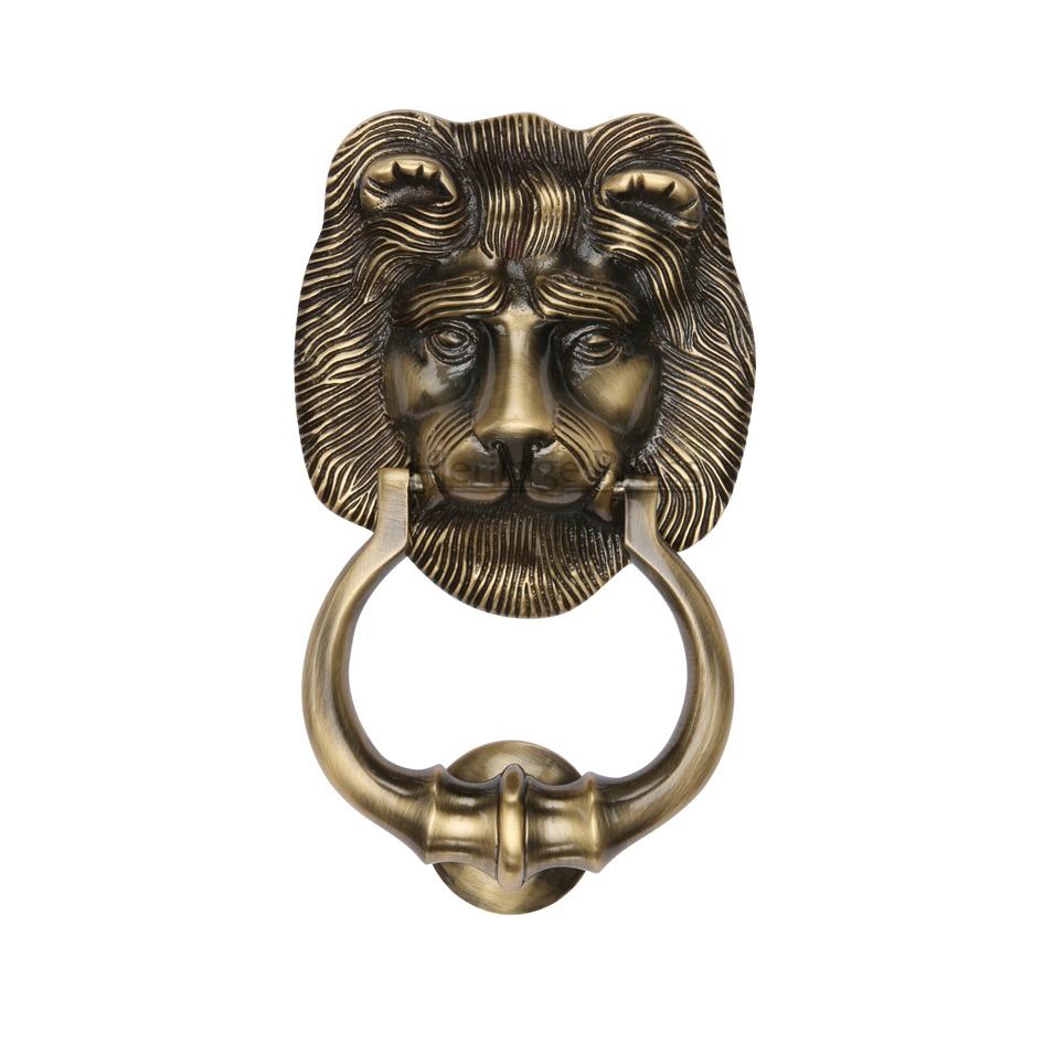 Heritage Brass Lion Head Door Knocker, Antique Brass