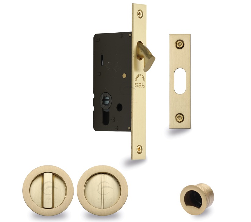 Heritage Brass Round Flush Handle Sliding Door Privacy Lock Set, Satin Brass