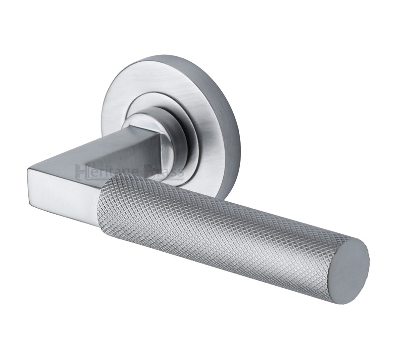 Heritage Brass Signac Knurled Door Handles On Round Rose, Satin Chrome (sold In Pairs)