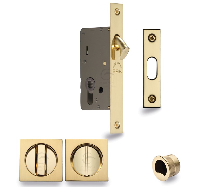 Heritage Brass Square Flush Handle Sliding Door Privacy Lock Set, Polished Brass