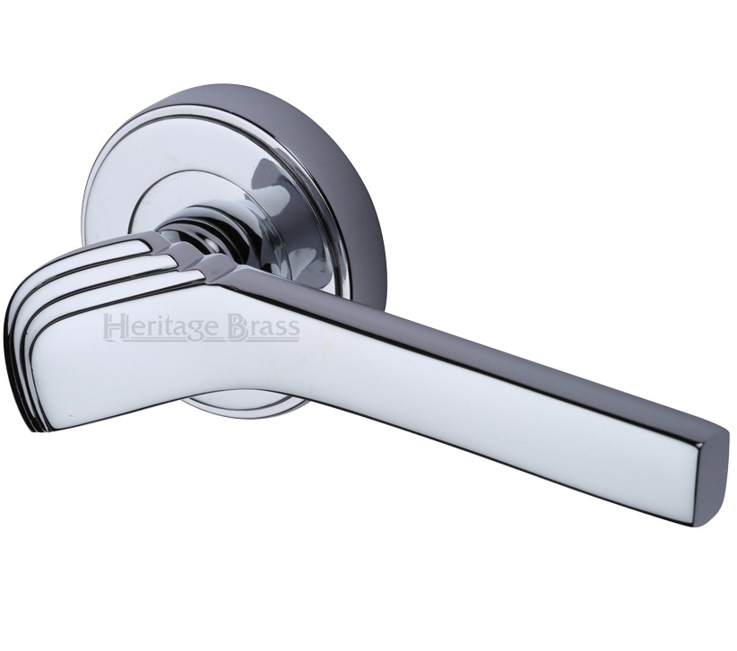 Heritage Brass Tiffany Art Deco Style Door Handles On Round Rose, Polished Chrome (sold In Pairs)