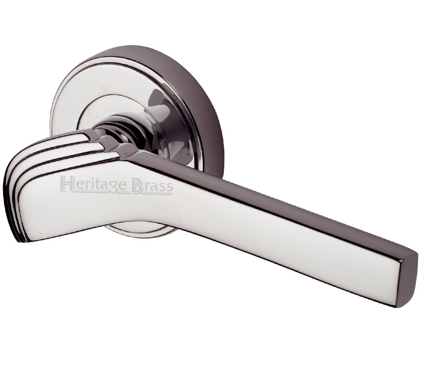 Heritage Brass Tiffany Art Deco Style Door Handles On Round Rose, Polished Nickel (sold In Pairs)