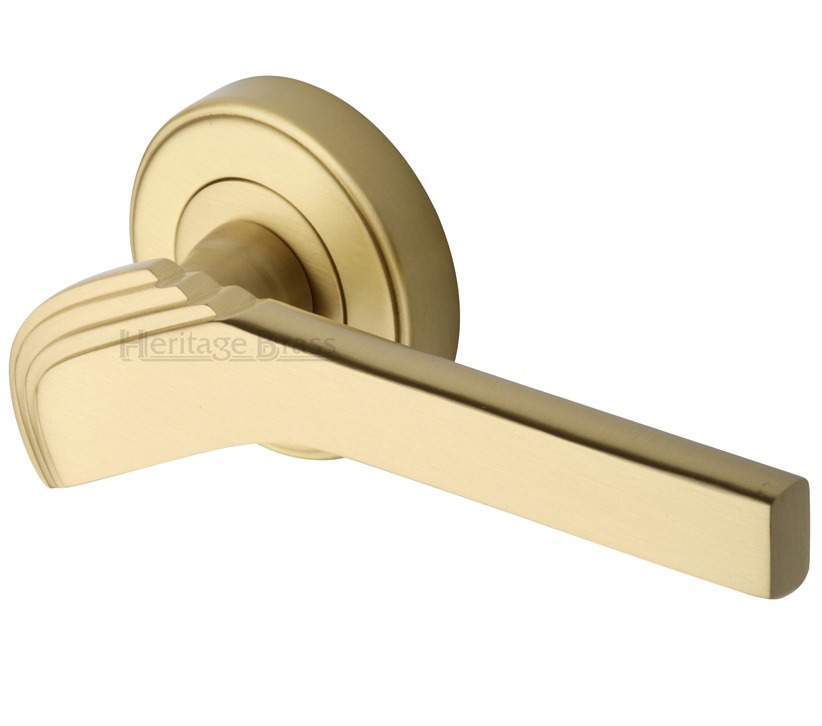 Heritage Brass Tiffany Art Deco Style Door Handles On Round Rose, Satin Brass (sold In Pairs)