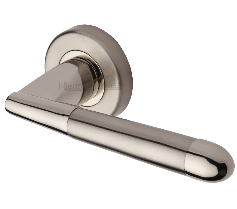 Heritage Brass Turin Mercury Finish Satin Nickel With Polished Nickel Edge Door Handles On Round Rose (sold In Pairs)