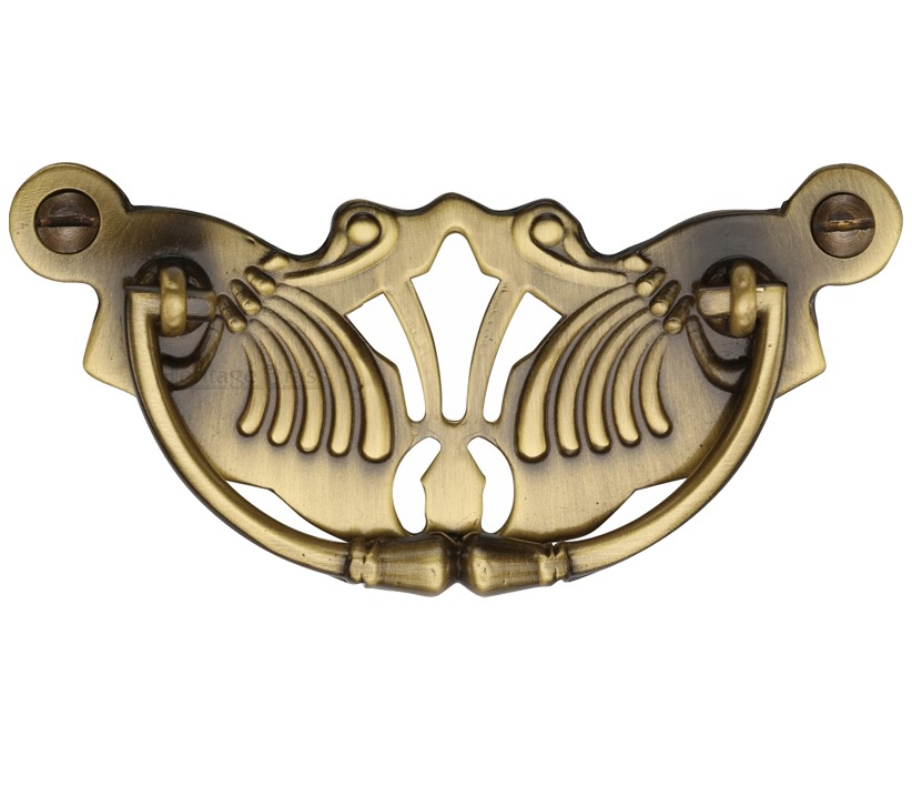 Heritage Brass Cabinet Pull On Ornate Backplate, Antique Brass