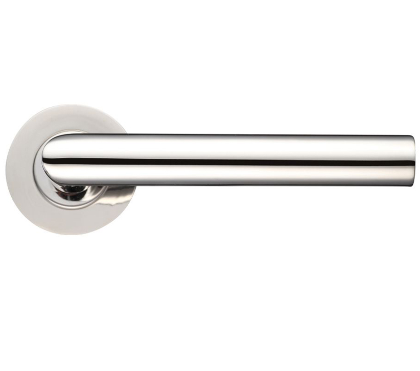 Zoo Hardware Zcs Architectural Mitred Lever On Round Rose, Polished Stainless Steel (sold In Pairs)