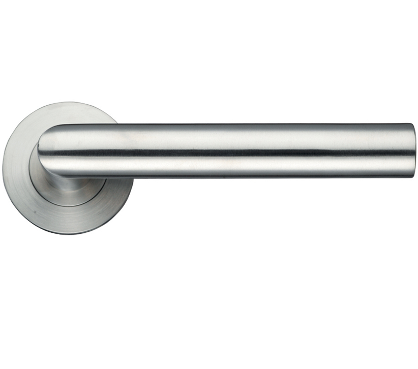 Zoo Hardware Zcs Architectural Oval Mitred Lever On Round Rose, Satin Stainless Steel (sold In Pairs)