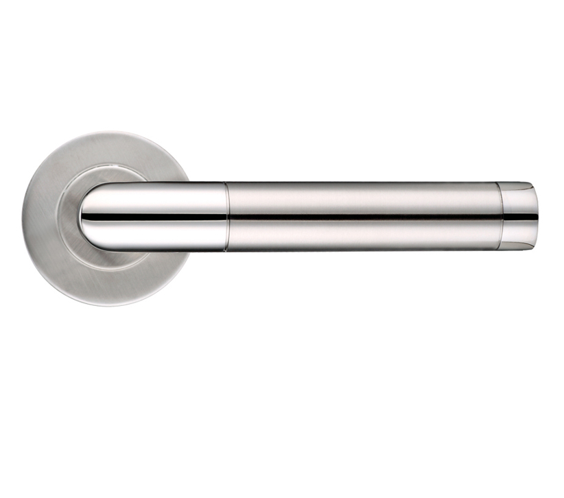 Zoo Hardware Zcs2 Contract Mitred Lever On Round Rose, Dual Finish Polished & Satin Stainless Steel (sold In Pairs)