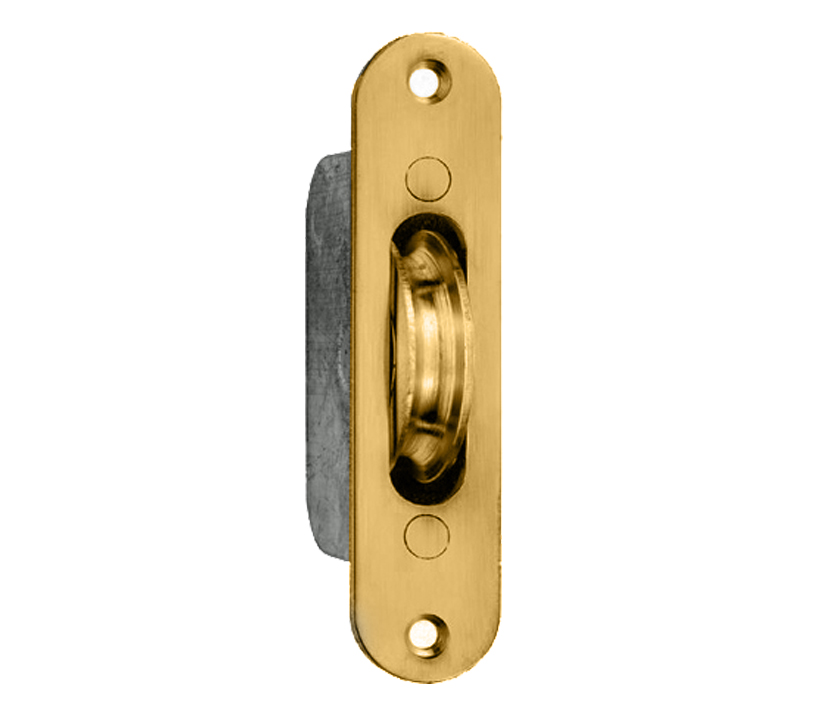 Heavy Duty Galvanised Sash Window Axle Pulley (radius Forend), Polished Brass With Brass Wheel