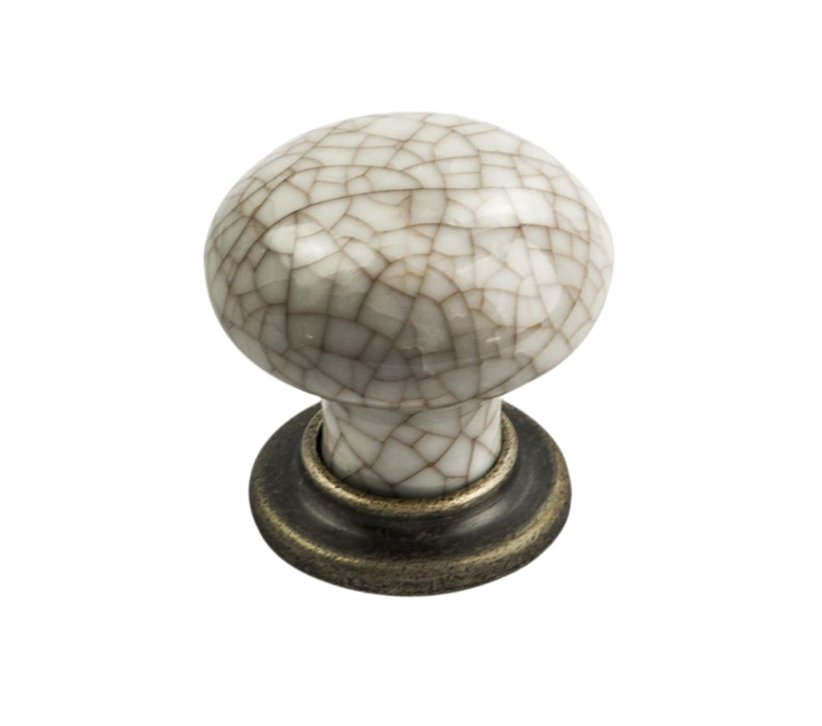 Fingertip Mushroom Pattern Porcelain Cupboard Knob, Ivory Crackle With Antique Brass Base