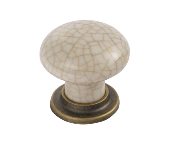 Fingertip Mushroom Pattern Porcelain Cupboard Knob, Ivory Crackle With Florentine Bronze Base