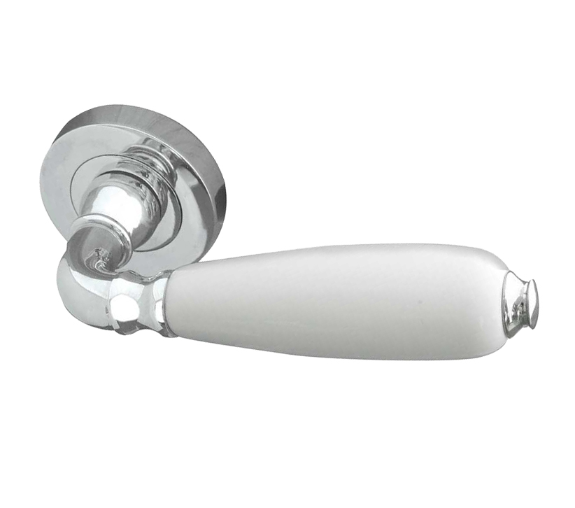 Frelan Hardware Oxford White China Door Handles On Round Rose, Polished Chrome  (sold In Pairs)