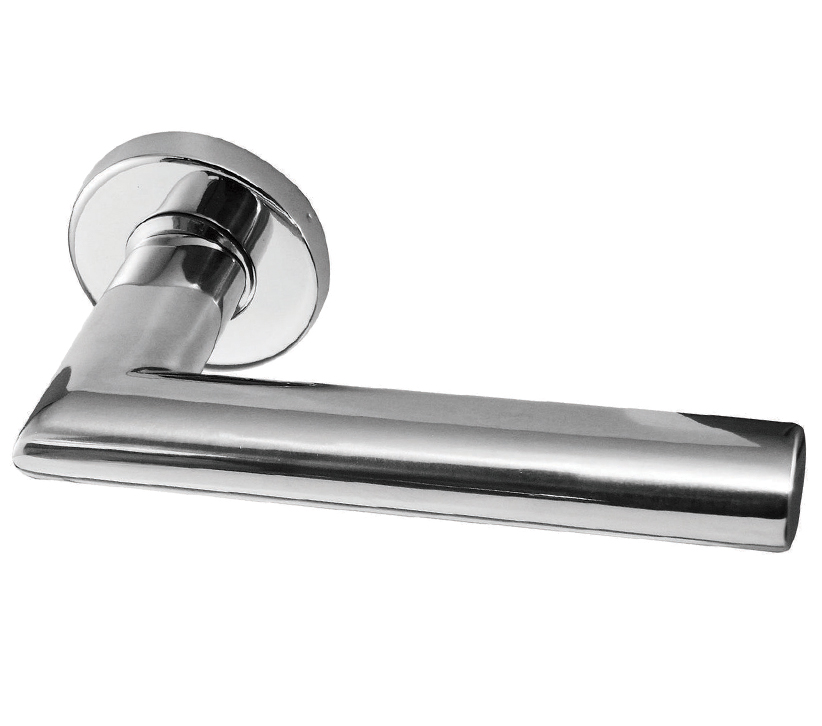 Frelan Hardware Neptune Mitred Door Handles On Round Rose, Polished Stainless Steel  (sold In Pairs)