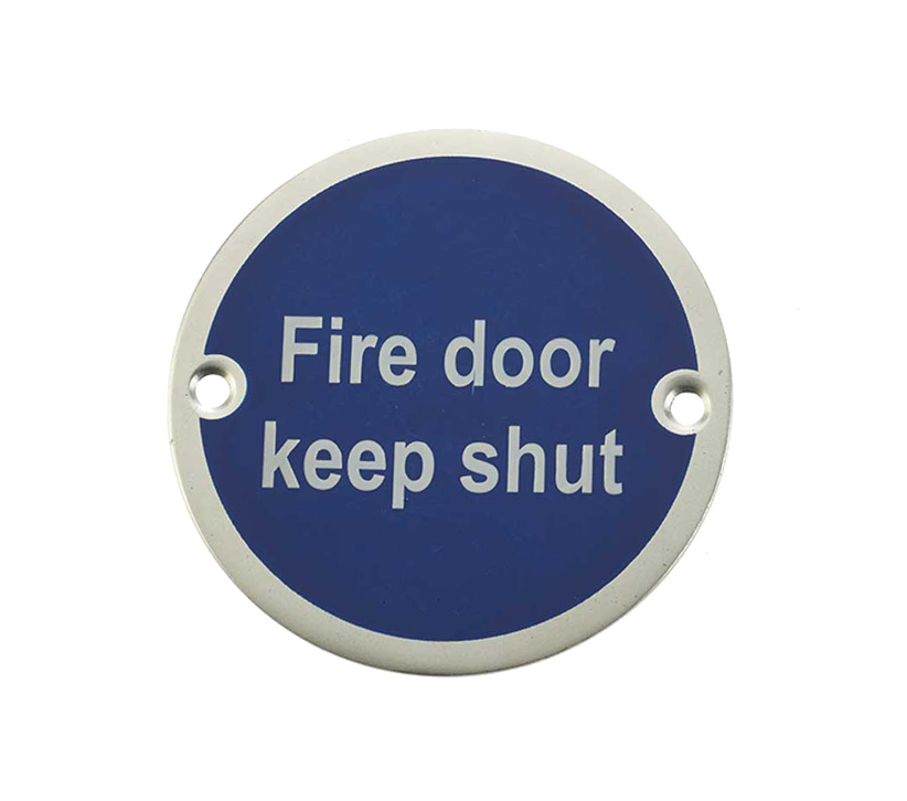 Frelan Hardware Fire Door Keep Shut Sign (75mm Diameter), Satin Aluminium