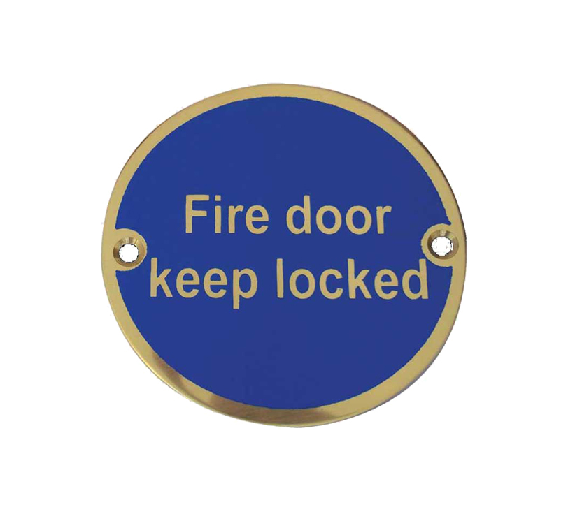 Frelan Hardware Fire Door Keep Locked Sign (75mm Diameter), Polished Brass