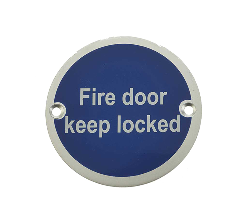 Frelan Hardware Fire Door Keep Locked Sign (75mm Diameter), Satin Aluminium