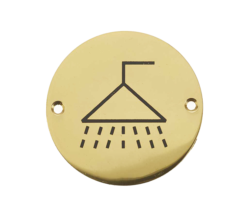 Frelan Hardware Shower Pictogram Sign (75mm Diameter), Polished Brass
