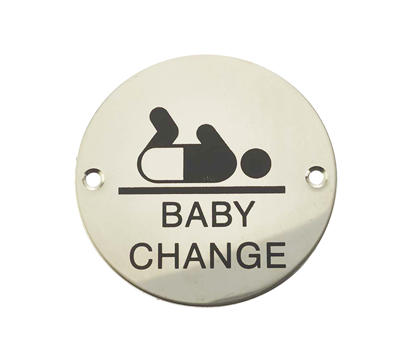 Frelan Hardware Baby Change Pictogram Sign (75mm Diameter), Polished Stainless Steel
