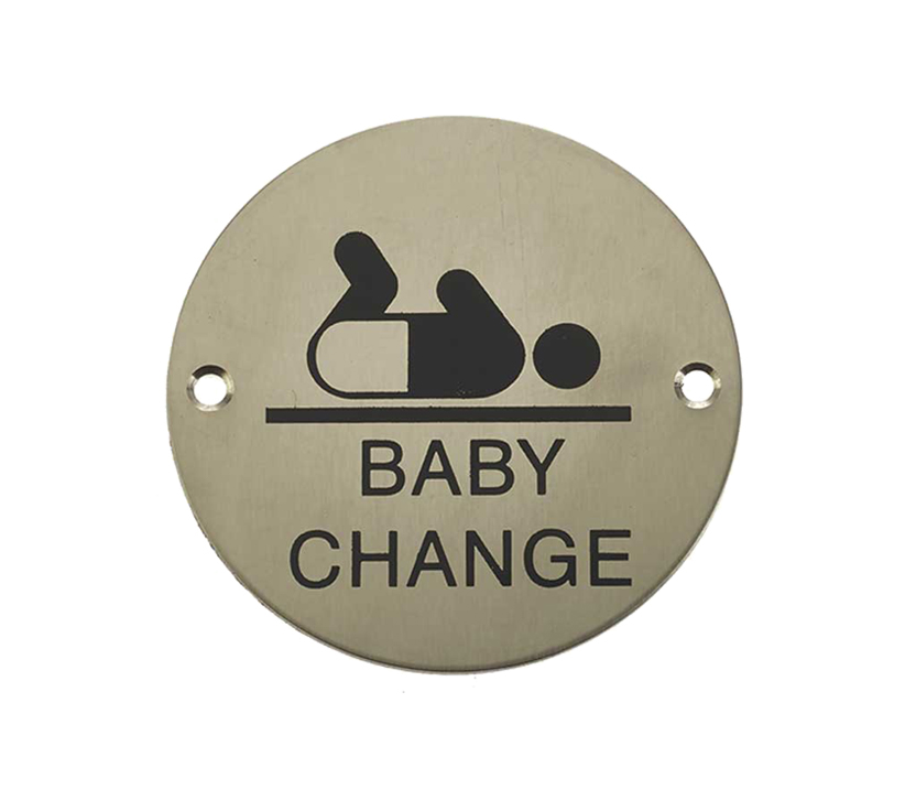 Frelan Hardware Baby Change Pictogram Sign (75mm Diameter), Satin Stainless Steel