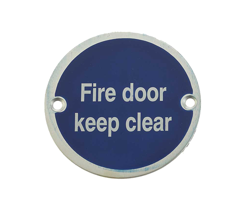 Frelan Hardware Fire Door Keep Clear Sign (75mm Diameter), Satin Aluminium
